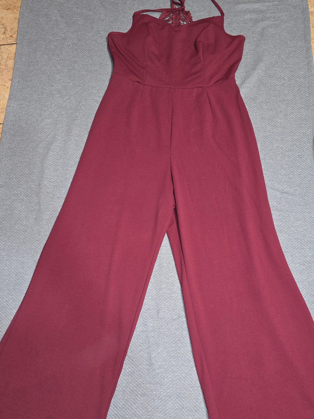 Trixxi Wine Red Lace-Trim Satin Jumpsuit